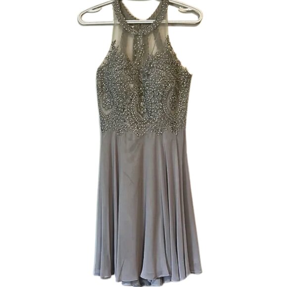 Silver Embellished Halter Formal Dress - Picture 1 of 9